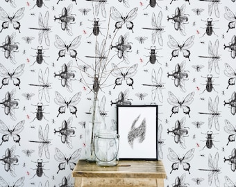 Black Insects Peel and Stick wallpaper / Butterfly Removable wallpaper / Black and white wallpaper - Self-adhesive or Traditional