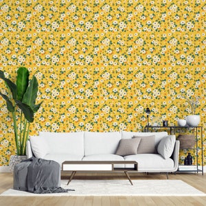 Yellow floral peel and stick wallpaper / Small flower removable wallpaper /  Self-adhesive or Traditional