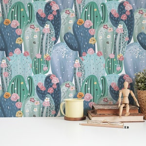 Cactus Peel and Stick wallpaper / Pastel Cactus wallpaper - Self-adhesive or Traditional / Cactus Removable wallpaper