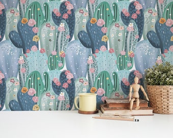 Cactus Peel and Stick wallpaper / Pastel Cactus wallpaper - Self-adhesive or Traditional / Cactus Removable wallpaper