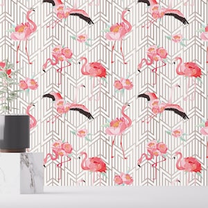 Pink and beige Art deco Peel and Stick wallpaper / Bird Removable wallpaper / Pink and beige wallpaper - Self-adhesive or Traditional