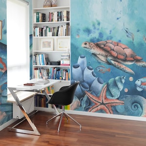 Underwater Life peel and stick wallpaper / Sea Creatures wall mural / Aquatic nursery mural print - Removable Self-adhesive or Non-Pasted