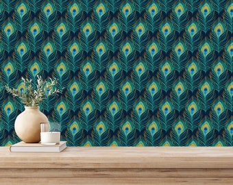 Green and blue Peacock Peel and Stick wallpaper / Art deco Removable wallpaper / Green and blue wallpaper - Self-adhesive or Traditional