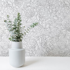 Peonies Removable Floral wallpaper / Self-adhesive or Traditional wallpaper with Peony design / Black and White Peel and Stick wallpaper