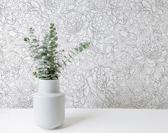 Black and White Peonies Wallpaper: Floral Line Art Design (Peel and Stick or Non Pasted, Custom Colors & Sizes)