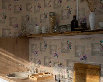 Recipe Book Wallpaper: Vintage Kitchen Pattern (Non-Pasted, Pre-Pasted, Peel and Stick, Custom Sizes)