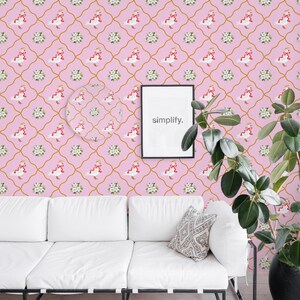 Pink Goose Wallpaper | Floral Bird Peel and Stick Removable Fabric or ...