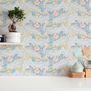 Blue Floral Peel and Stick wallpaper / Vintage Removable wallpaper / Blue wallpaper - Self-adhesive or Traditional
