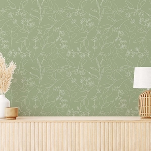 Sage Green Leaf Peel and Stick wallpaper / Floral Removable wallpaper / Sage Green wallpaper - Self-adhesive or Traditional