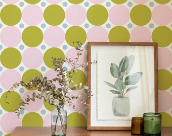 Green and Pink Polka Dot Wallpaper: Retro Circle Pattern (Non-Pasted, Pre-Pasted, Peel & Stick, Custom Sizes)