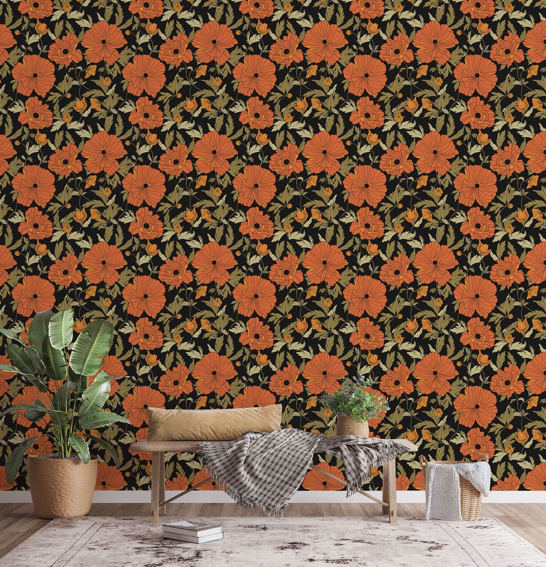 Black and Red Floral Peel and Stick Wallpaper / Poppy Removable ...