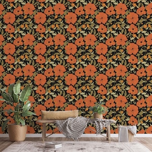 Black and red floral peel and stick wallpaper / Poppy removable wallpaper / Self-adhesive or Traditional