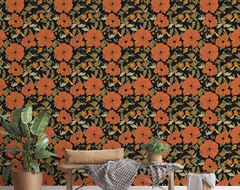 Black and red floral peel and stick wallpaper / Poppy removable wallpaper / Self-adhesive or Traditional