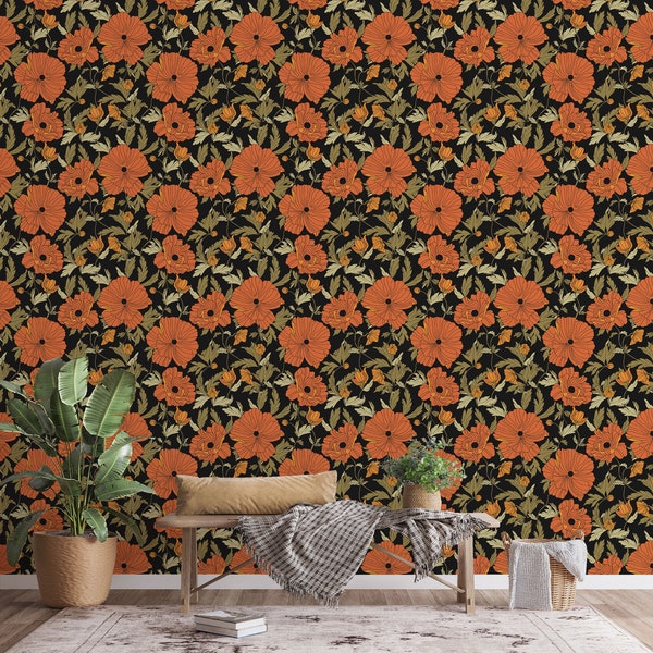 Black and Red Floral Wallpaper Etsy