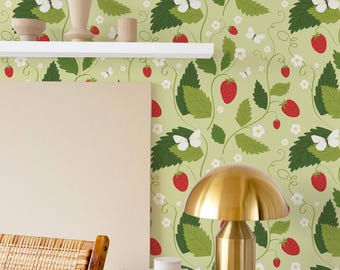 Whimsical Strawberry Wallpaper: Biophilic Design (Non-Pasted, Pre-Pasted, Peel and Stick, Custom Sizes)