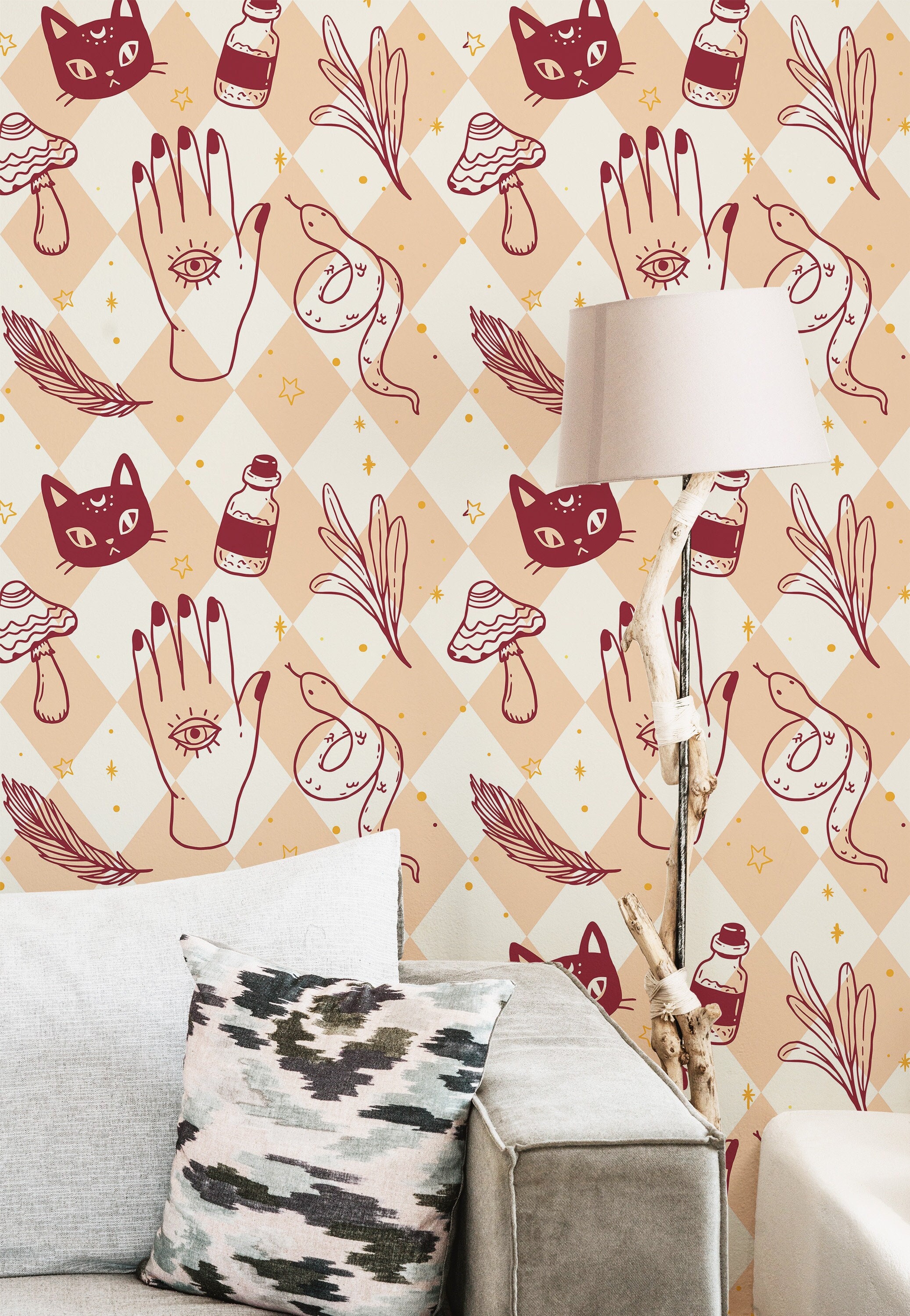 Aesthetic Witch Halloween wallpaper - Peel and Stick Wallpaper or Non Pasted Wallpaper / Fun Removable wallpaper / Pink wallpaper