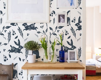 Whimsical Hare Wallpaper: Scandinavian Folk Design (Peel and Stick or Non Pasted, Custom Sizes)