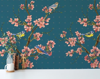 Colorful Bird Peel and Stick wallpaper / Floral tree Removable wallpaper / Colorful wallpaper - Self-adhesive or Traditional