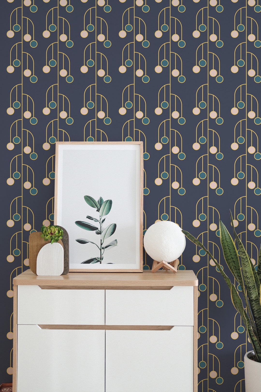 Navy Blue Peel and Stick Wallpaper / Art Deco Removable Wallpaper