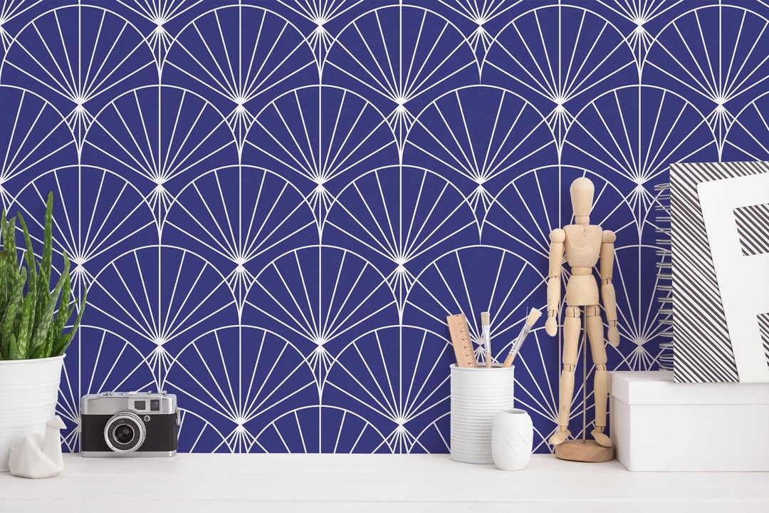 Navy Art Deco Wallpaper Peel and Stick Wallpaper or Non Pasted