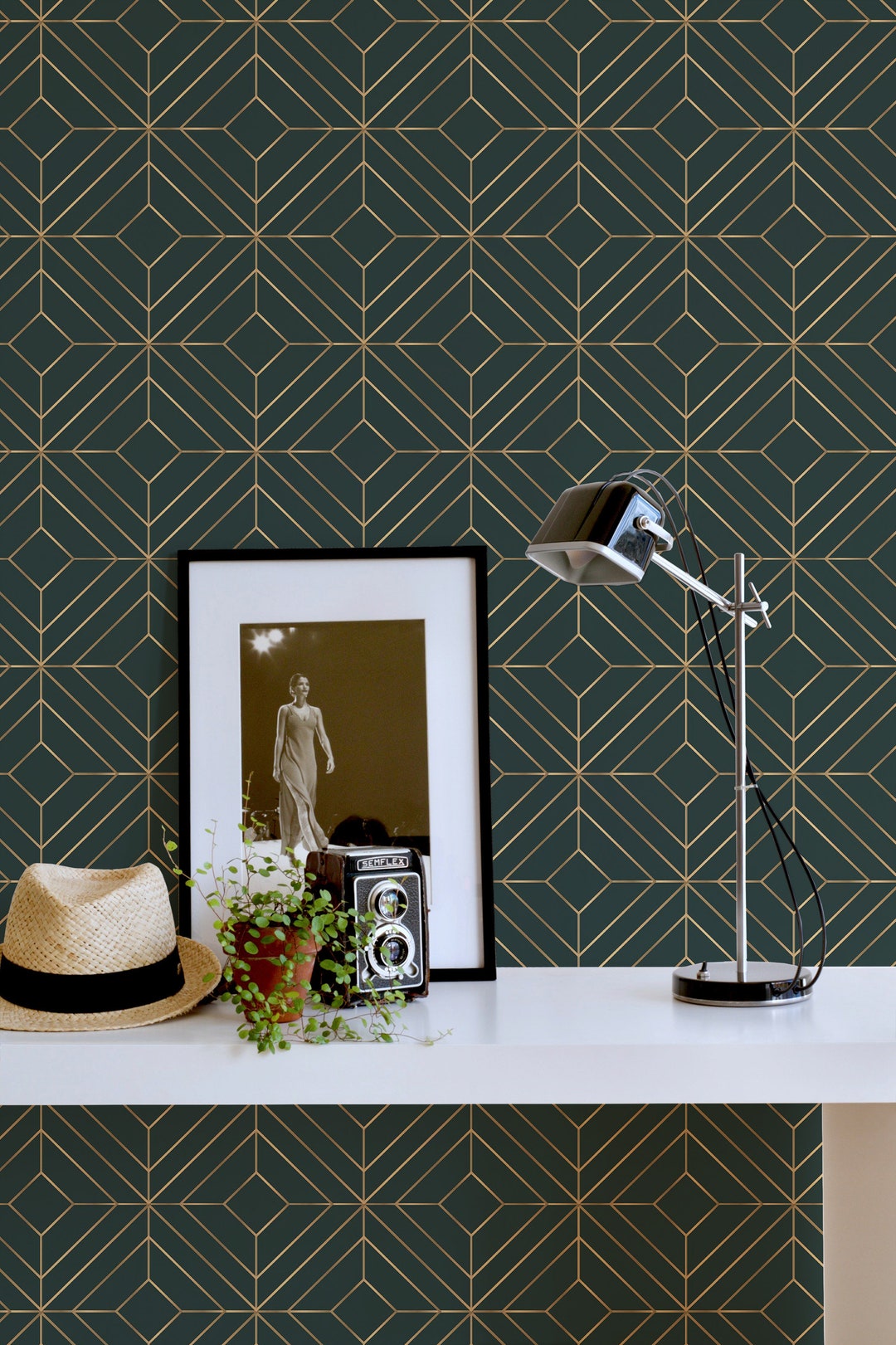 Emerald Green Geometric Peel and Stick Wallpaper / Art Deco Removable