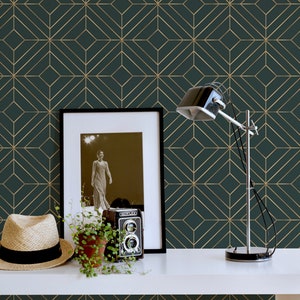 Art Deco Dark Green Wallpaper Fans Peel and Stick Removable or Traditional  Wall Paper Mid Century Custom Size 