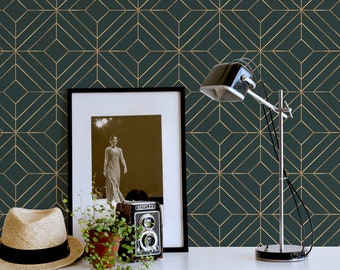 Smaragdgroen geometrisch Peel-and-Stick-behang / verwijderbaar art-decobehang / smaragdgroen behang - zelfklevend of traditioneel