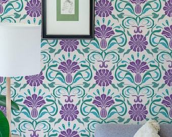 Purple Ornamental Flower Wallpaper: Art Nouveau Pattern (Non-Pasted, Pre-Pasted, Peel and Stick, Custom Sizes)