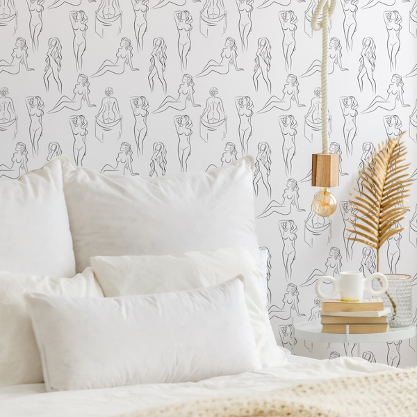 Papel pintado despegable y adhesivo de cuerpo femenino en blanco y negro / Papel pintado removible de mujer / Papel pintado en blanco y negro - Autoadhesivo o tradicional