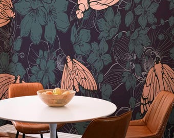 Teal Moths Wallpaper Mural: Gothic Night Botanical Linework (Non-Pasted, Pre-Pasted, Peel & Stick, Custom Sizes)