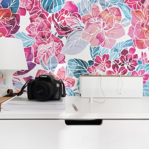 Floral Peel and Stick wallpaper / Bright Removable wallpaper / Pink and blue wallpaper - Self-adhesive or Traditional
