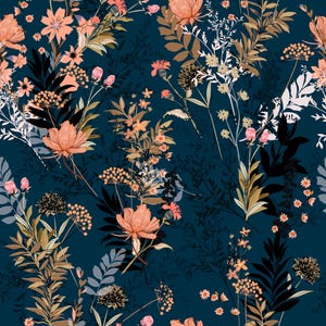 Teal Wildflowers removable wallpaper with a deep teal ground and scattered peach blooms, tan foliage, and delicate linework.
