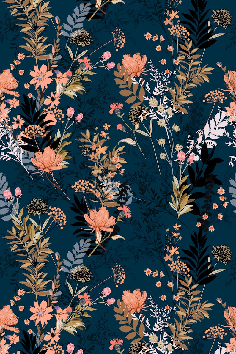 Teal Wildflowers removable wallpaper with a deep teal ground and scattered peach blooms, tan foliage, and delicate linework.