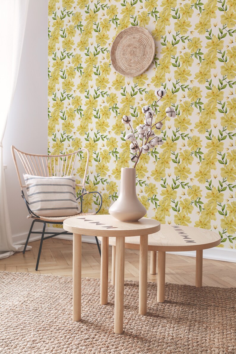 Yellow Floral Peel and Stick Wallpaper / Seamless Removable | Etsy