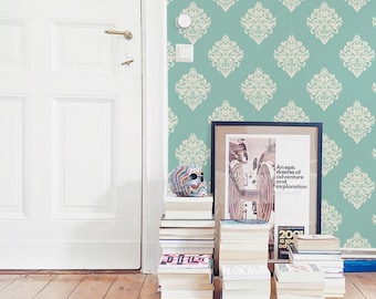 Teal Damask Wallpaper: Vintage Ornate Pattern (Peel and Stick or Non Pasted, Custom Sizes)