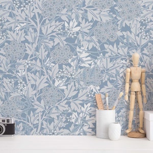 Blue Leaf Peel and Stick wallpaper / Vintage Removable wallpaper / Blue wallpaper - Self-adhesive or Traditional