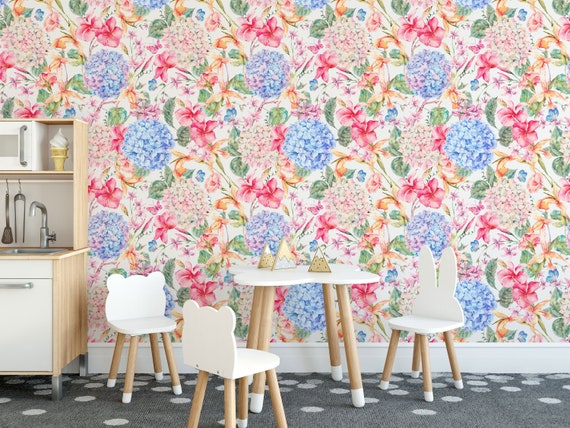 Floral Peel and Stick Wallpaper / Blue and Pink Wallpaper | Etsy