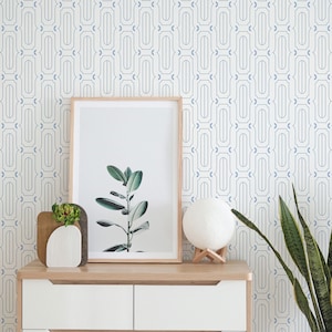 Blue and white Retro Scandinavian Peel and Stick wallpaper / Mid-century Removable wallpaper / Retro wallpaper- Self-adhesive or Traditional