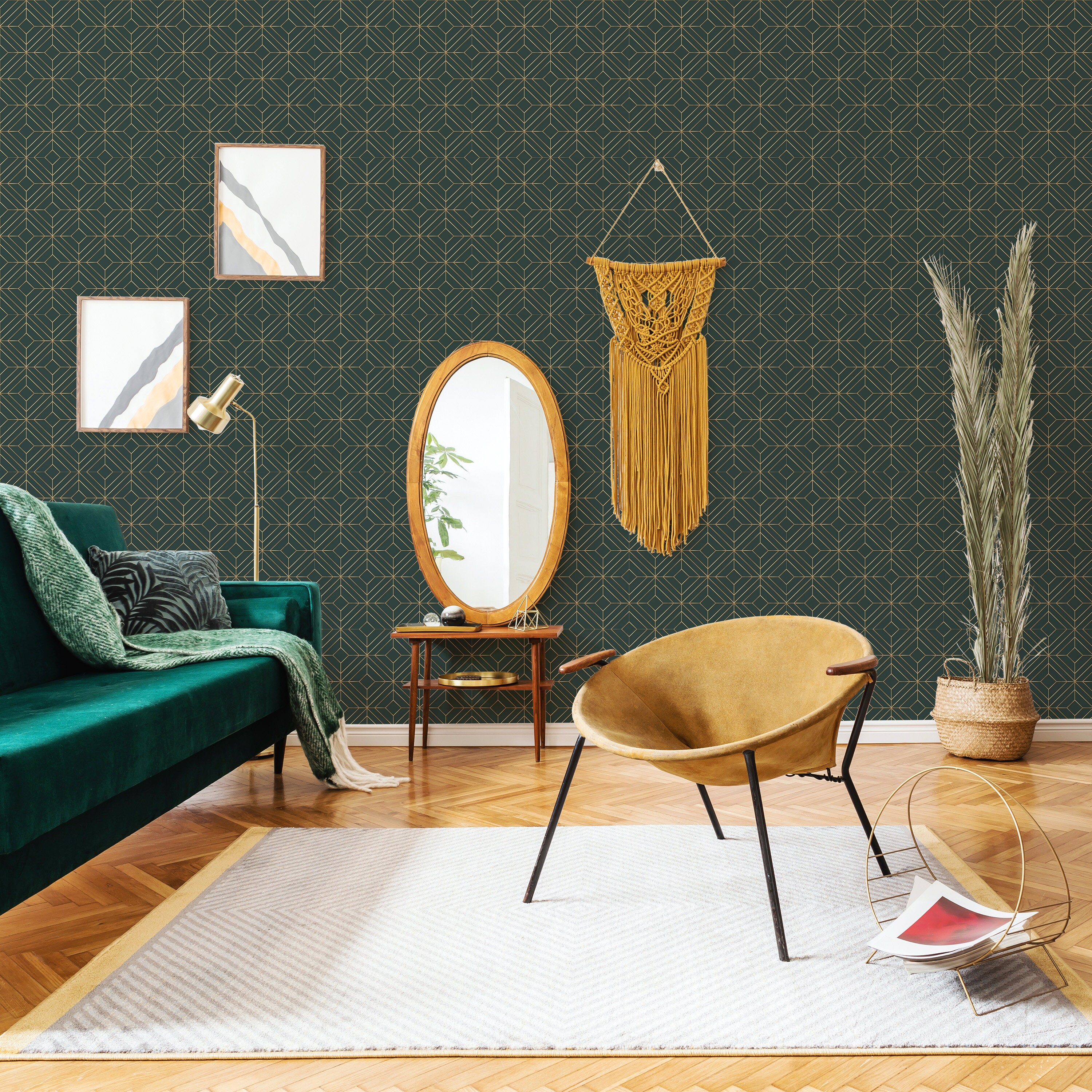 Emerald Green Geometric Peel and Stick Wallpaper / Art Deco Removable ...