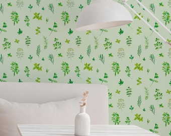 Green Herb Pattern Wallpaper: Biophilic Botanical Design (Non-Pasted, Pre-Pasted, Peel and Stick, Custom Sizes)