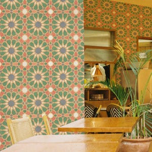 Green Art Deco Wallpaper | Geometric Mandala Peel & Stick Vinyl, Fabric, or Non-Pasted | Custom Size and Colors