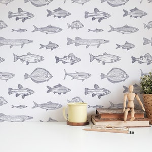 Blue Fish Removable wallpaper design / Nautical Peel and Stick wallpaper / Fish wallpaper - Self-adhesive or Traditional