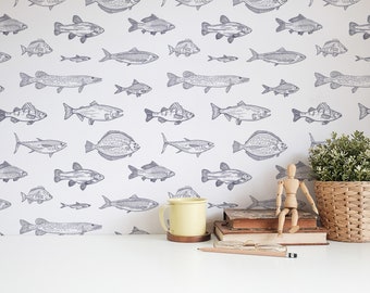 Blue Fish Removable wallpaper design / Nautical Peel and Stick wallpaper / Fish wallpaper - Self-adhesive or Traditional