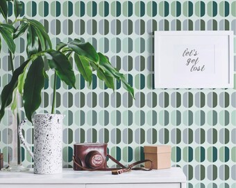 Green Capsule Wallpaper: Retro Mod Pattern (Non-Pasted, Pre-Pasted, Peel and Stick, Custom Sizes)