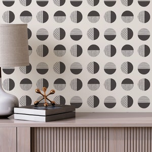 Black and white Circles Peel and Stick wallpaper / Mid-century Removable wallpaper / Geometric wallpaper - Self-adhesive or Traditional