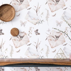 Letter Peel and Stick wallpaper / Watercolor Floral Removable wallpaper / Beige and white wallpaper - Self-adhesive or Traditional