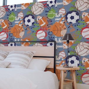 Graffiti Sports Ball Pattern Peel and Stick wallpaper / Colorful wall mural / Athletic mural print - Removable Self-adhesive or Non-Pasted