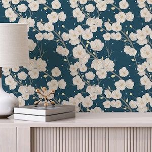 Blue and white Floral Peel and Stick wallpaper / Blossoms Removable wallpaper / Blue and white wallpaper - Self-adhesive or Traditional