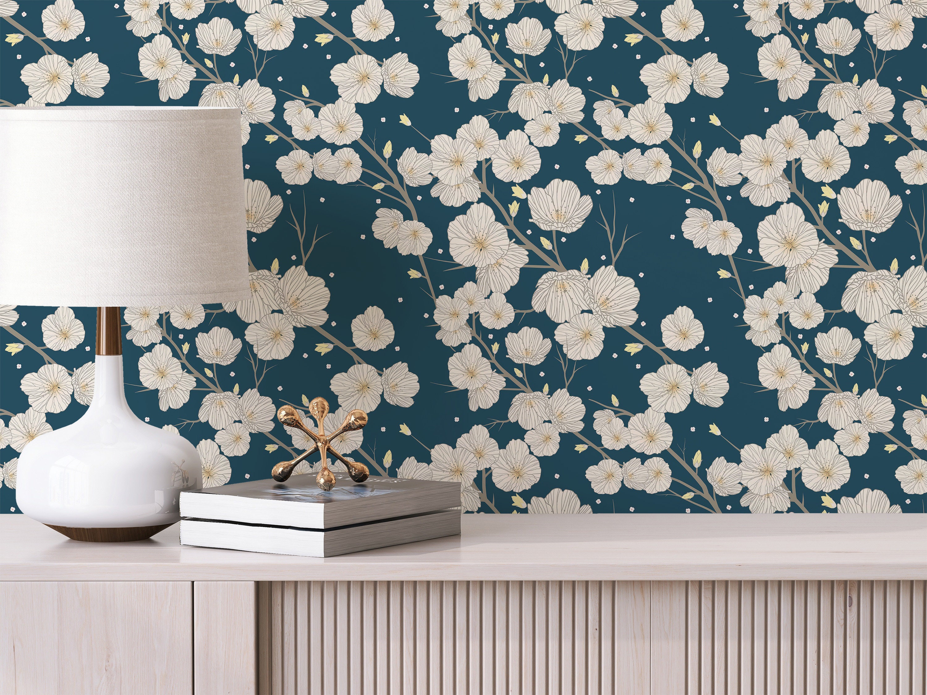 White and Navy Blue Floral Wallpaper - Etsy White and Navy Blue Floral Wallpaper - Etsy