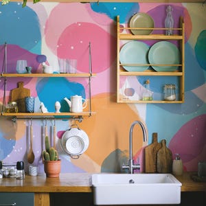 May include: A kitchen scene with wooden shelves, a white sink, and a colorful abstract mural. The shelves hold plates, glasses, and kitchen utensils. A cactus sits in a terracotta pot. The background features a vibrant mix of pink, blue, and orange.